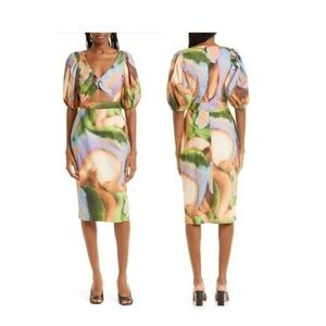 ROTATE Cara Watercolor Print Cutout Puff Sleeve Organic Cotton Dress 8/Medium